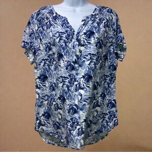 EUC Christopher & Banks Sz L Half Button Blue White Tropical Blouse •P0223